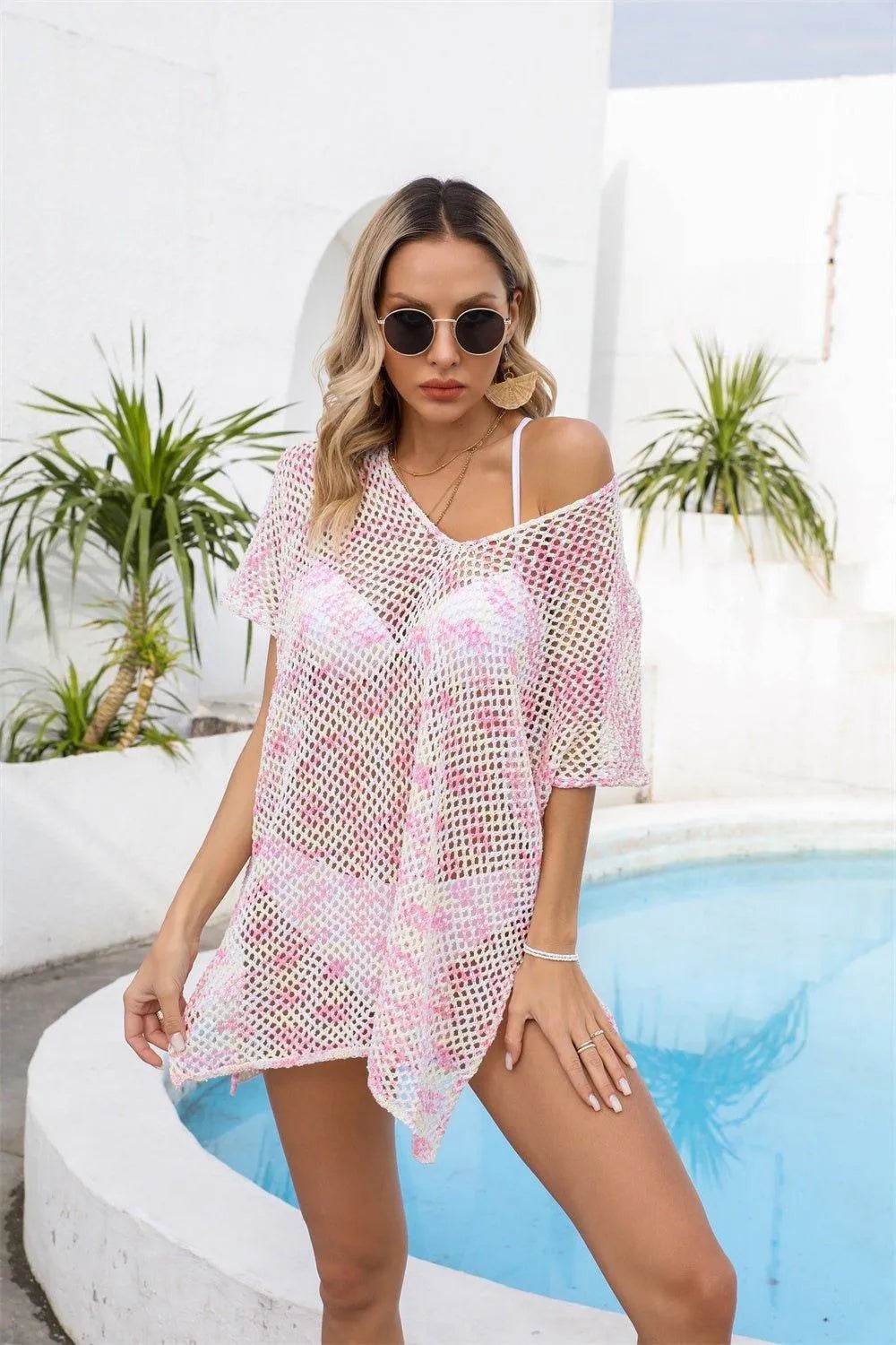Bona Fide Fashion - Openwork V-Neck Short Sleeve Cover Up - Women Fashion - Bona Fide Fashion