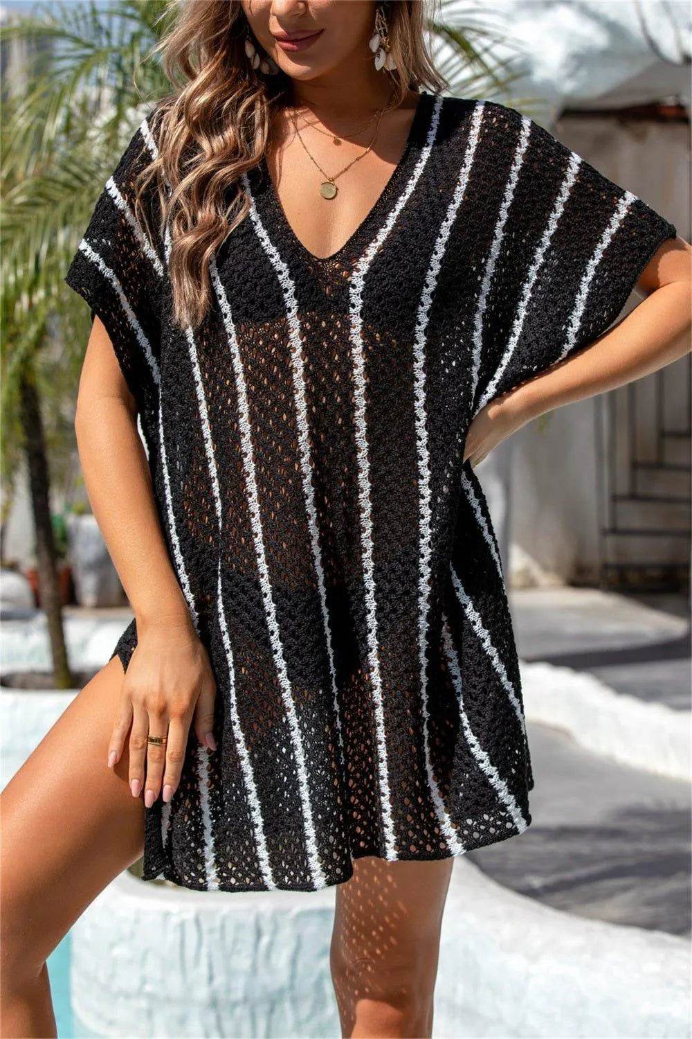 Bona Fide Fashion - Openwork V-Neck Short Sleeve Cover Up - Women Fashion - Bona Fide Fashion