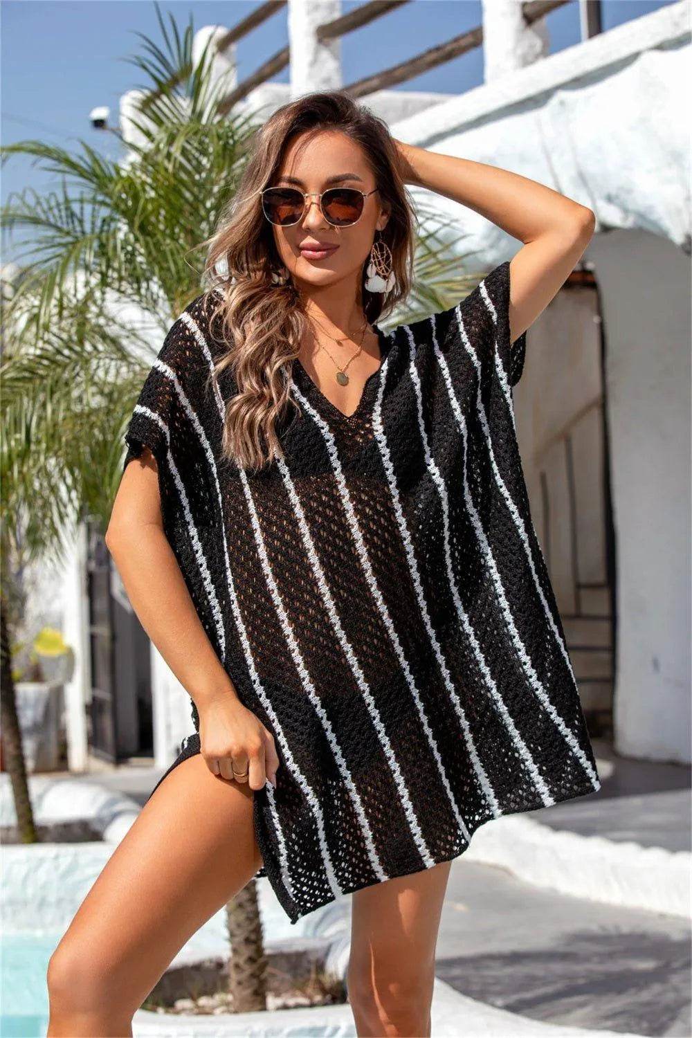 Bona Fide Fashion - Openwork V-Neck Short Sleeve Cover Up - Women Fashion - Bona Fide Fashion