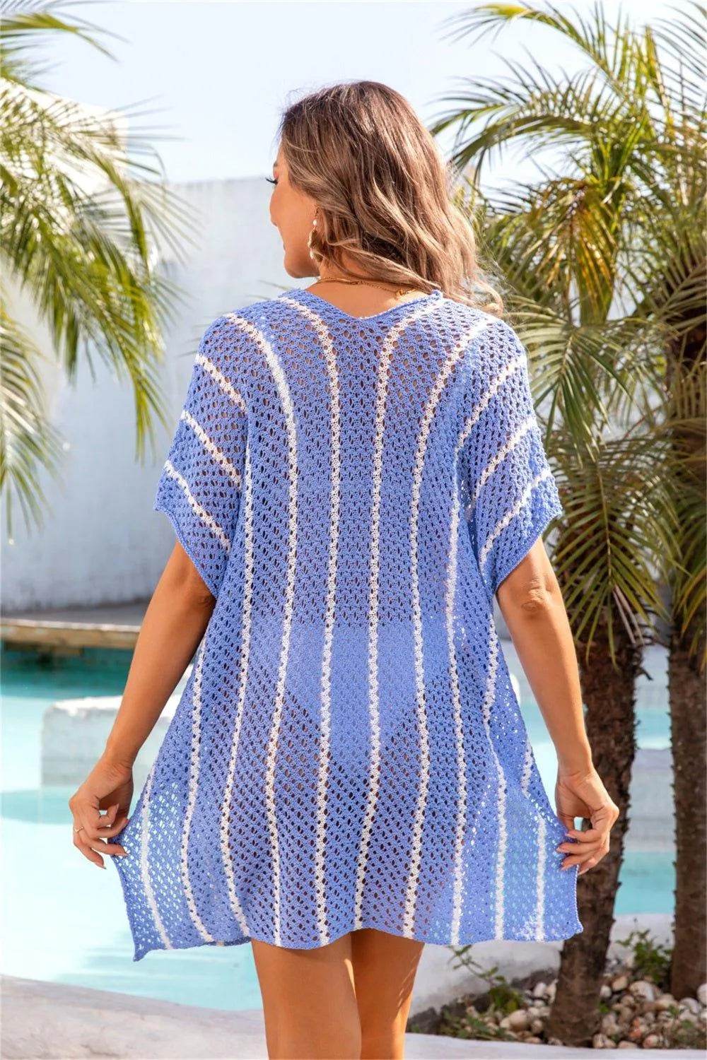 Bona Fide Fashion - Openwork V-Neck Short Sleeve Cover Up - Women Fashion - Bona Fide Fashion