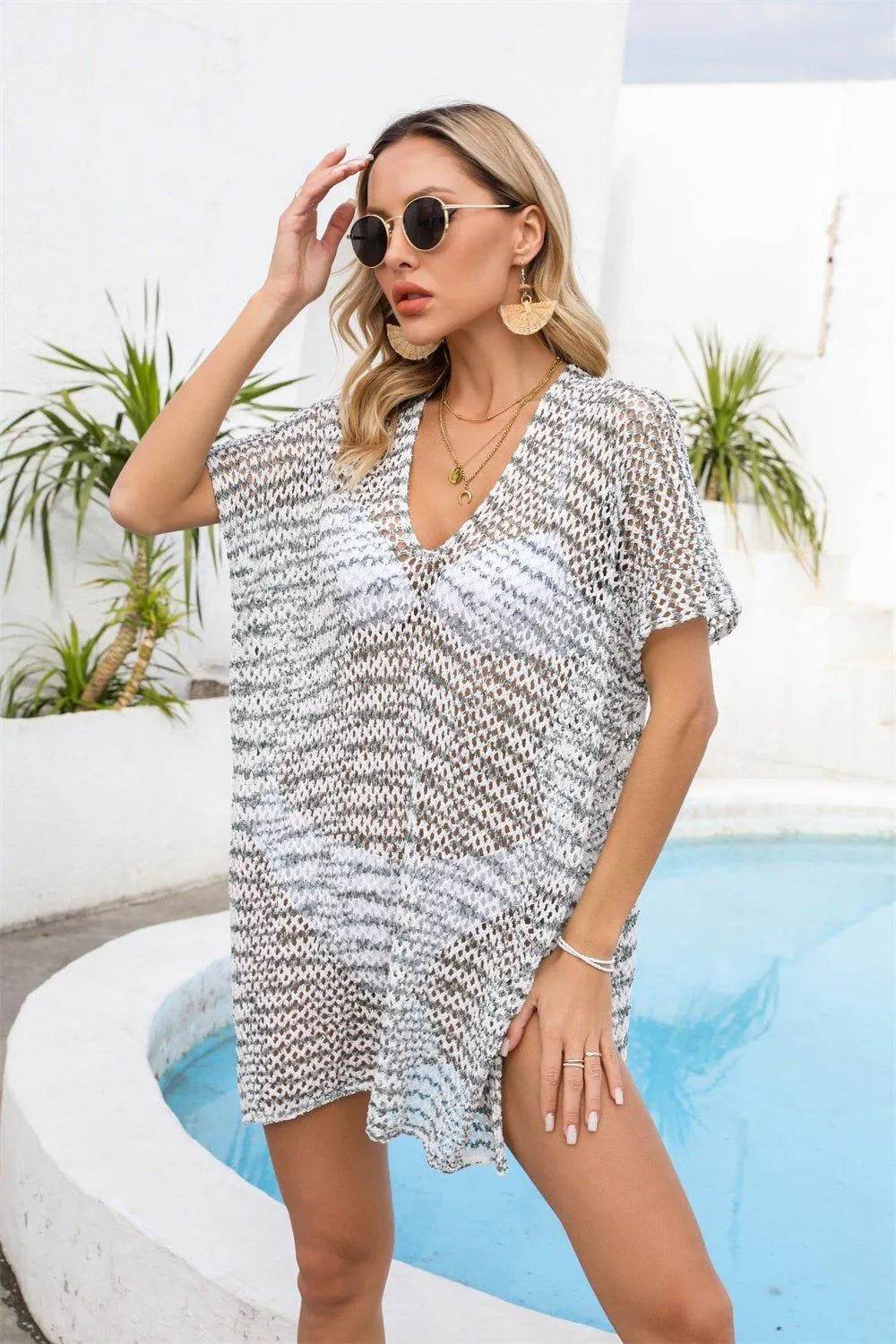 Bona Fide Fashion - Openwork V-Neck Short Sleeve Cover Up - Women Fashion - Bona Fide Fashion