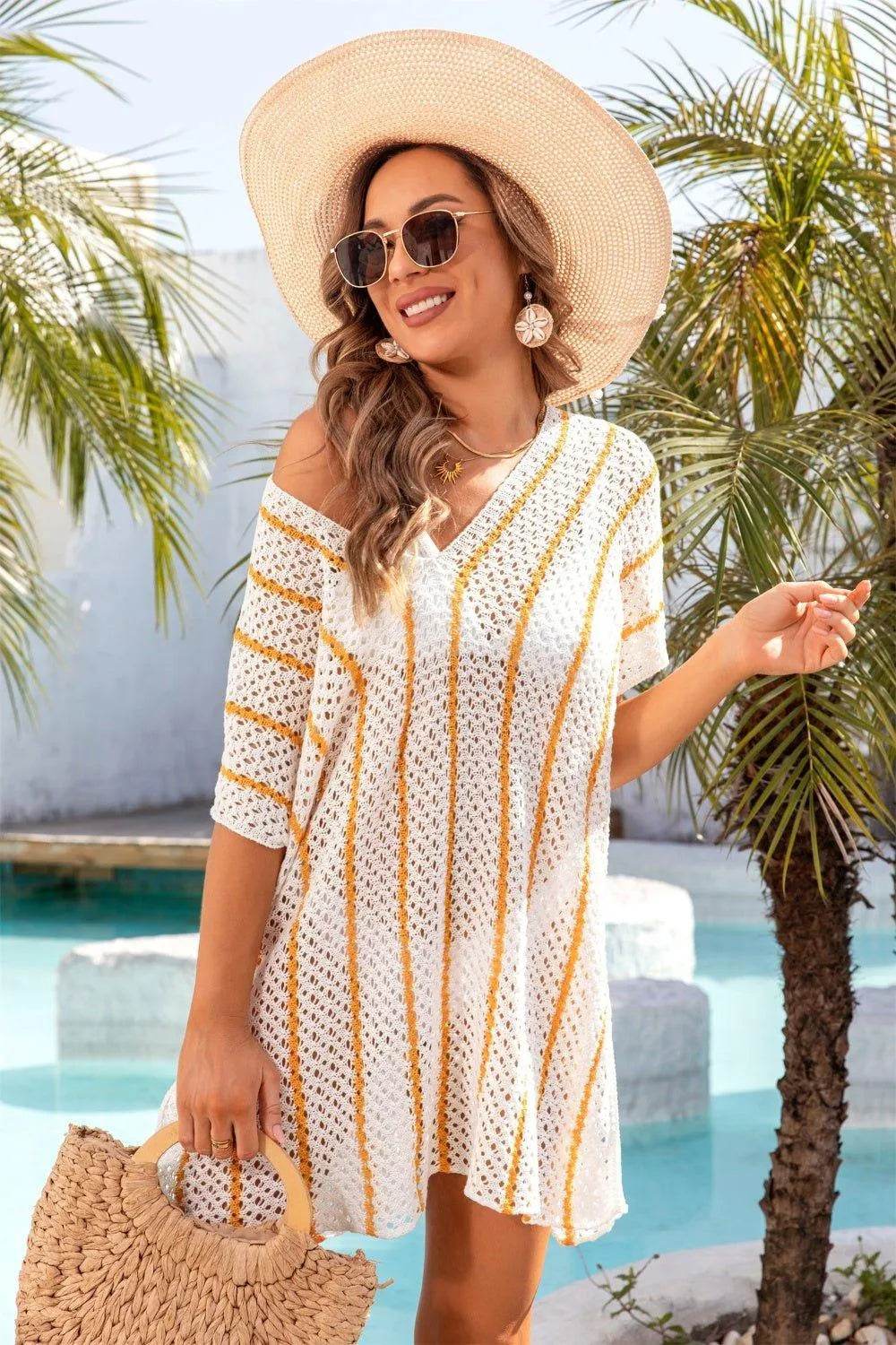 Bona Fide Fashion - Openwork V-Neck Short Sleeve Cover Up - Women Fashion - Bona Fide Fashion