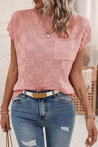 Bona Fide Fashion - Plaid Pocketed Round Neck Sweater - Women Fashion - Bona Fide Fashion