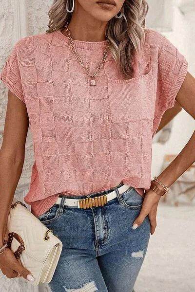 Bona Fide Fashion - Plaid Pocketed Round Neck Sweater - Women Fashion - Bona Fide Fashion