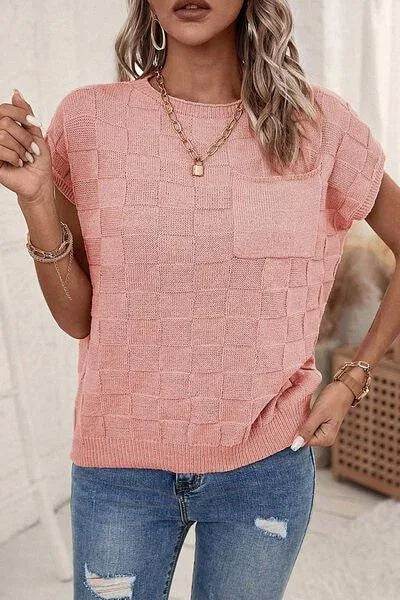 Bona Fide Fashion - Plaid Pocketed Round Neck Sweater - Women Fashion - Bona Fide Fashion