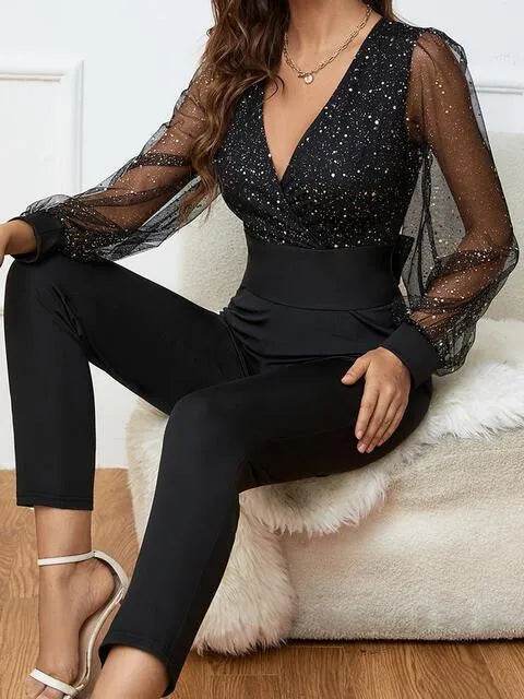 Bona Fide Fashion - Plunge Long Sleeve Jumpsuit - Women Fashion - Bona Fide Fashion