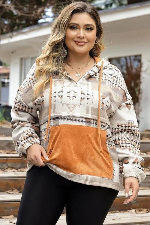 Bona Fide Fashion - Plus Size Geometric Print Kangaroo Pockets Hoodie - Women Fashion - Bona Fide Fashion
