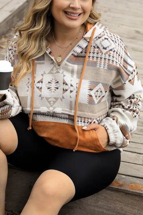Bona Fide Fashion - Plus Size Geometric Print Kangaroo Pockets Hoodie - Women Fashion - Bona Fide Fashion