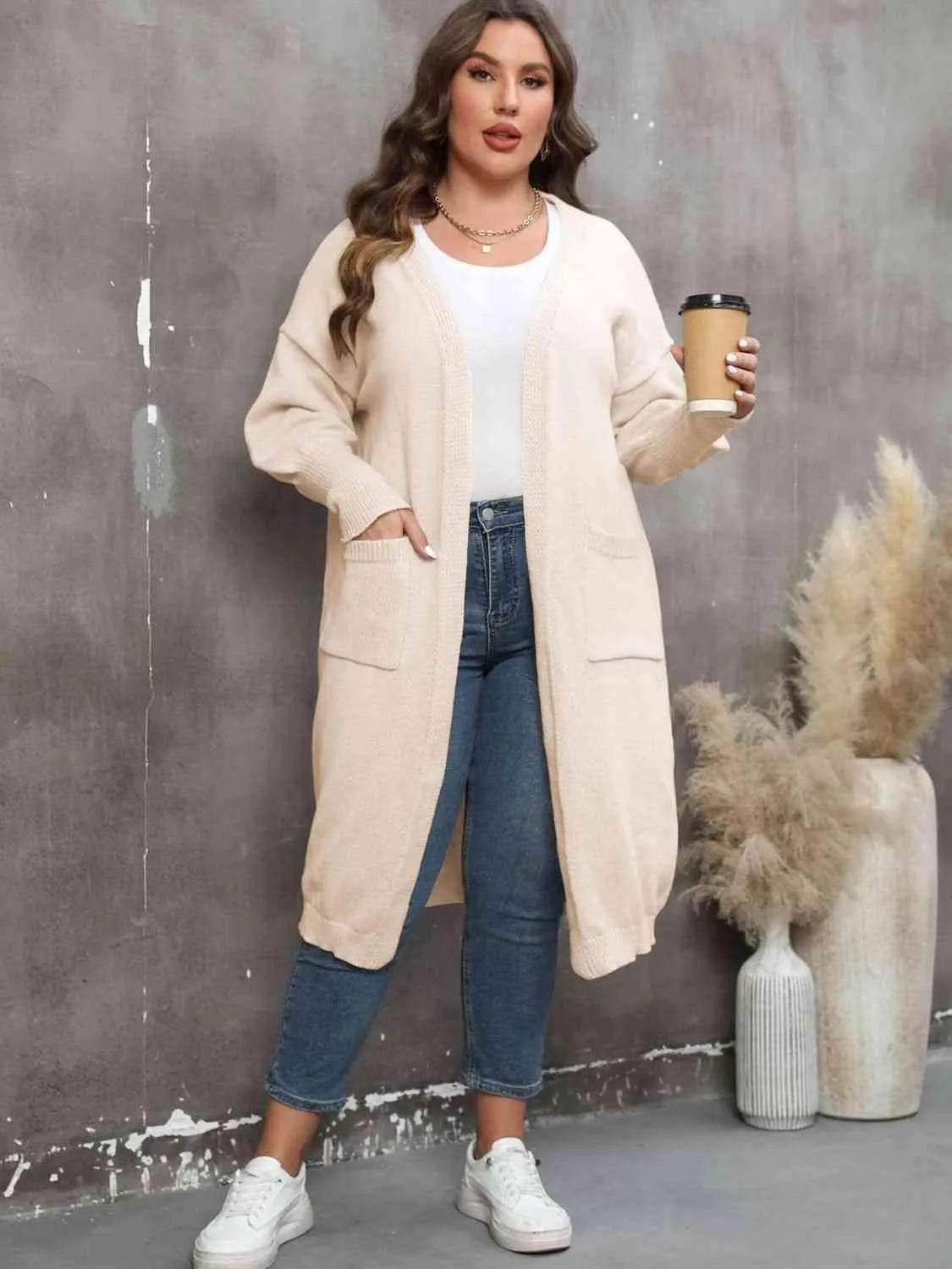 Bona Fide Fashion - Plus Size Long Sleeve Pocketed Cardigan - Women Fashion - Bona Fide Fashion