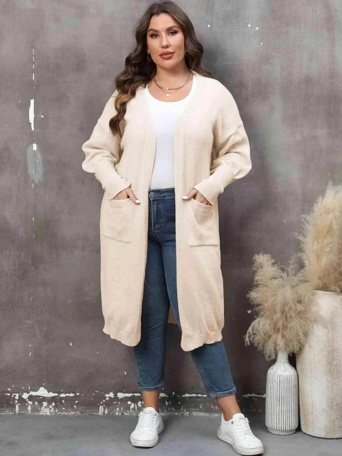 Bona Fide Fashion - Plus Size Long Sleeve Pocketed Cardigan - Women Fashion - Bona Fide Fashion