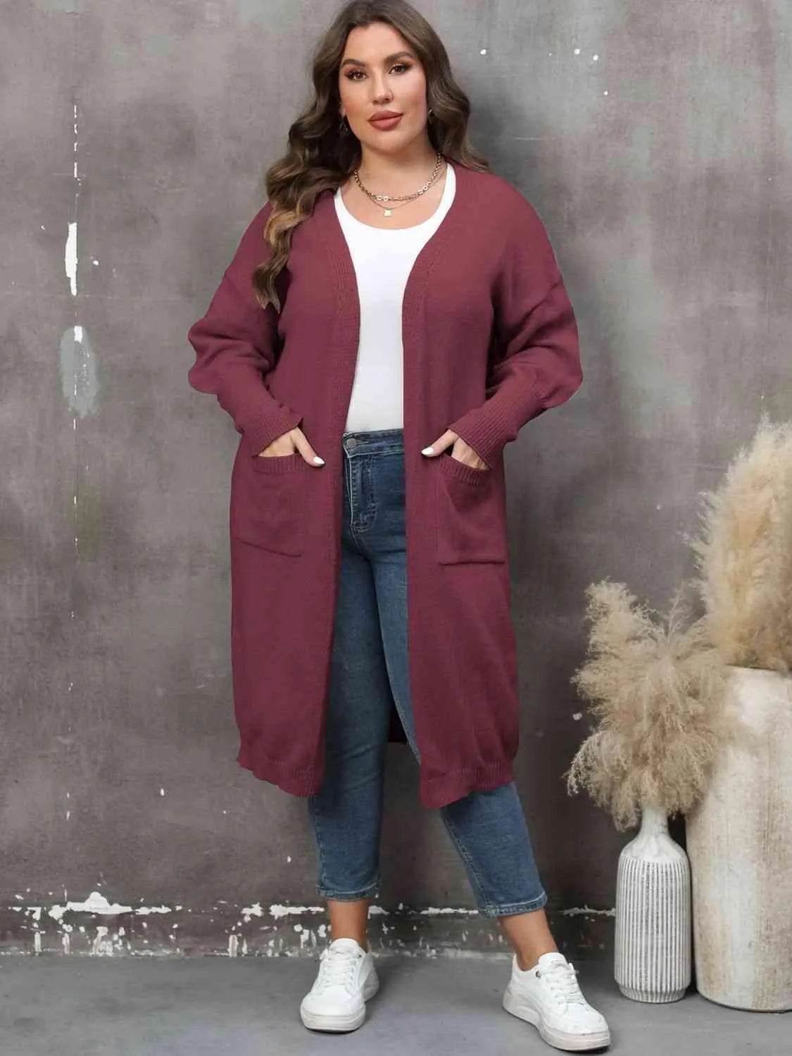 Bona Fide Fashion - Plus Size Long Sleeve Pocketed Cardigan - Women Fashion - Bona Fide Fashion