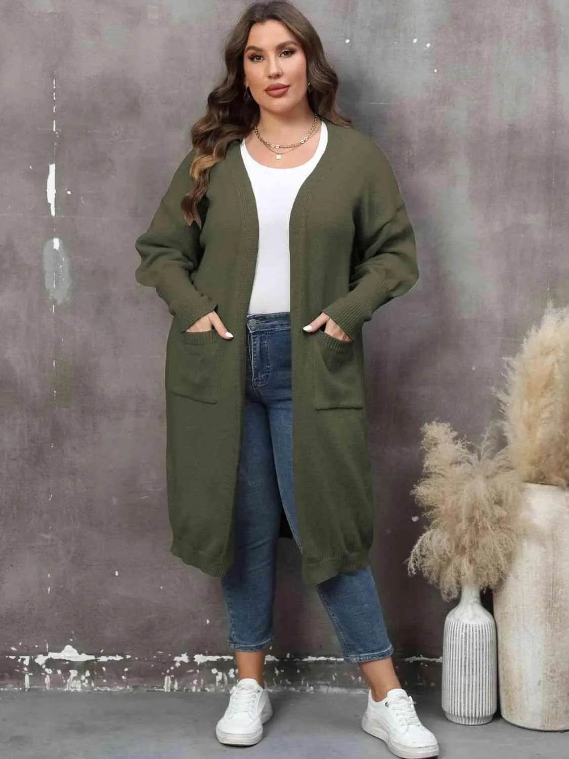 Bona Fide Fashion - Plus Size Long Sleeve Pocketed Cardigan - Women Fashion - Bona Fide Fashion