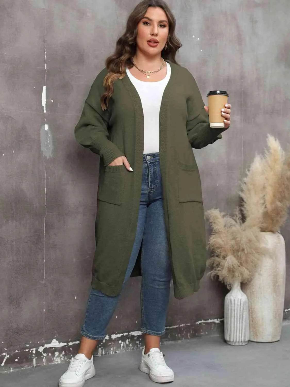 Bona Fide Fashion - Plus Size Long Sleeve Pocketed Cardigan - Women Fashion - Bona Fide Fashion