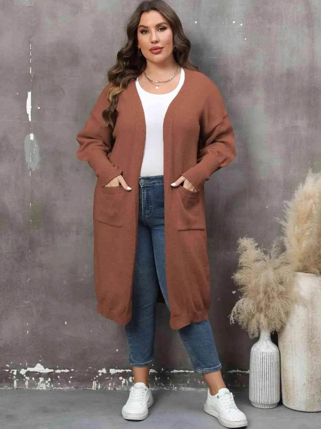 Bona Fide Fashion - Plus Size Long Sleeve Pocketed Cardigan - Women Fashion - Bona Fide Fashion