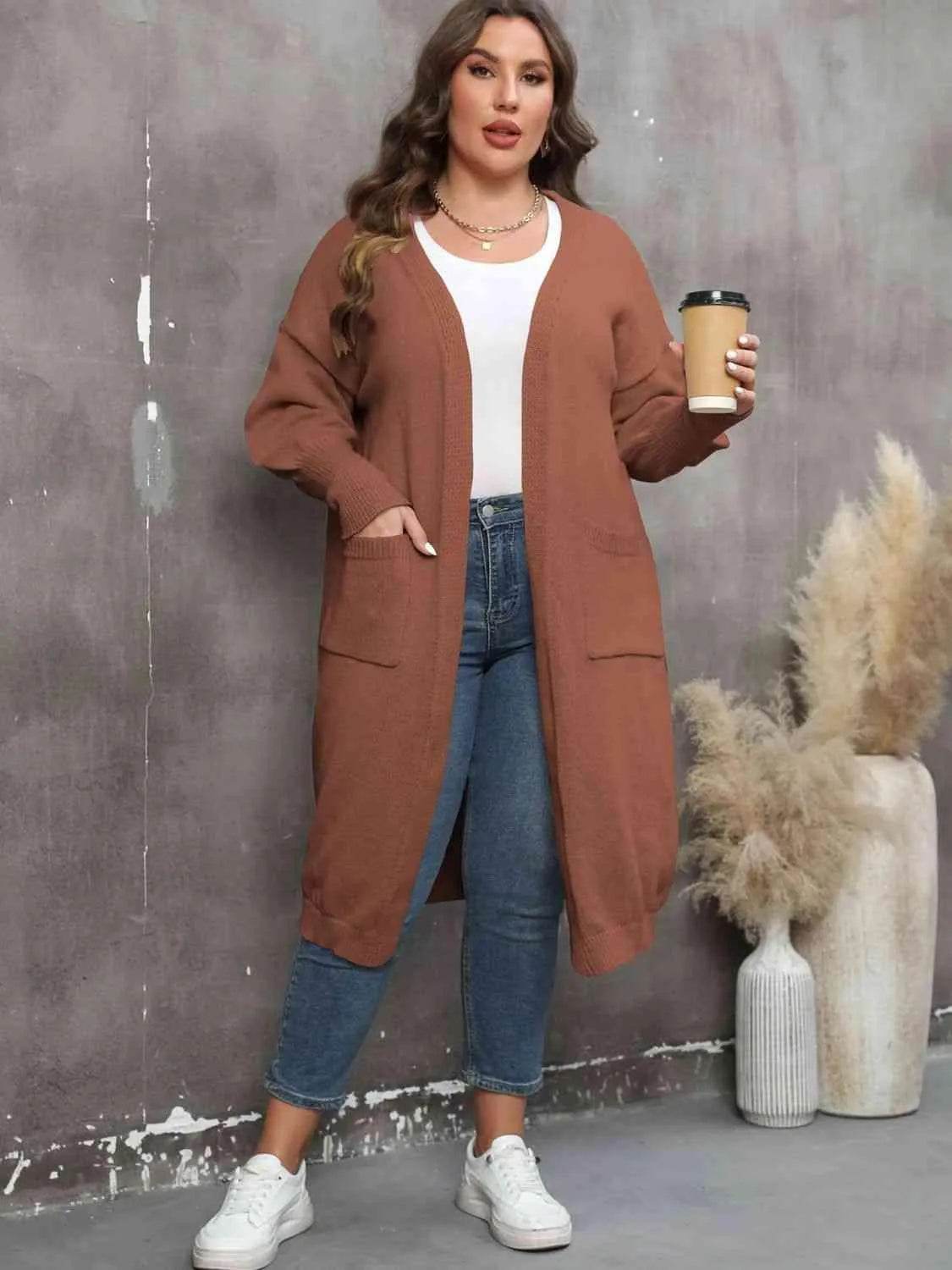 Bona Fide Fashion - Plus Size Long Sleeve Pocketed Cardigan - Women Fashion - Bona Fide Fashion