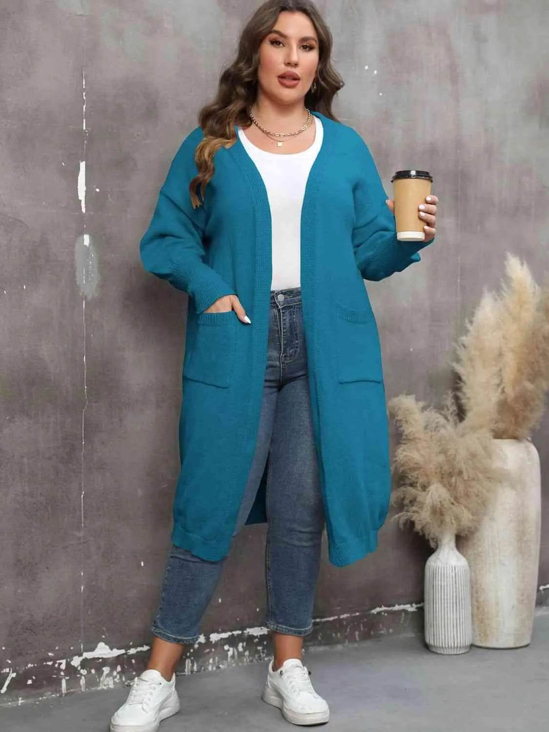 Bona Fide Fashion - Plus Size Long Sleeve Pocketed Cardigan - Women Fashion - Bona Fide Fashion