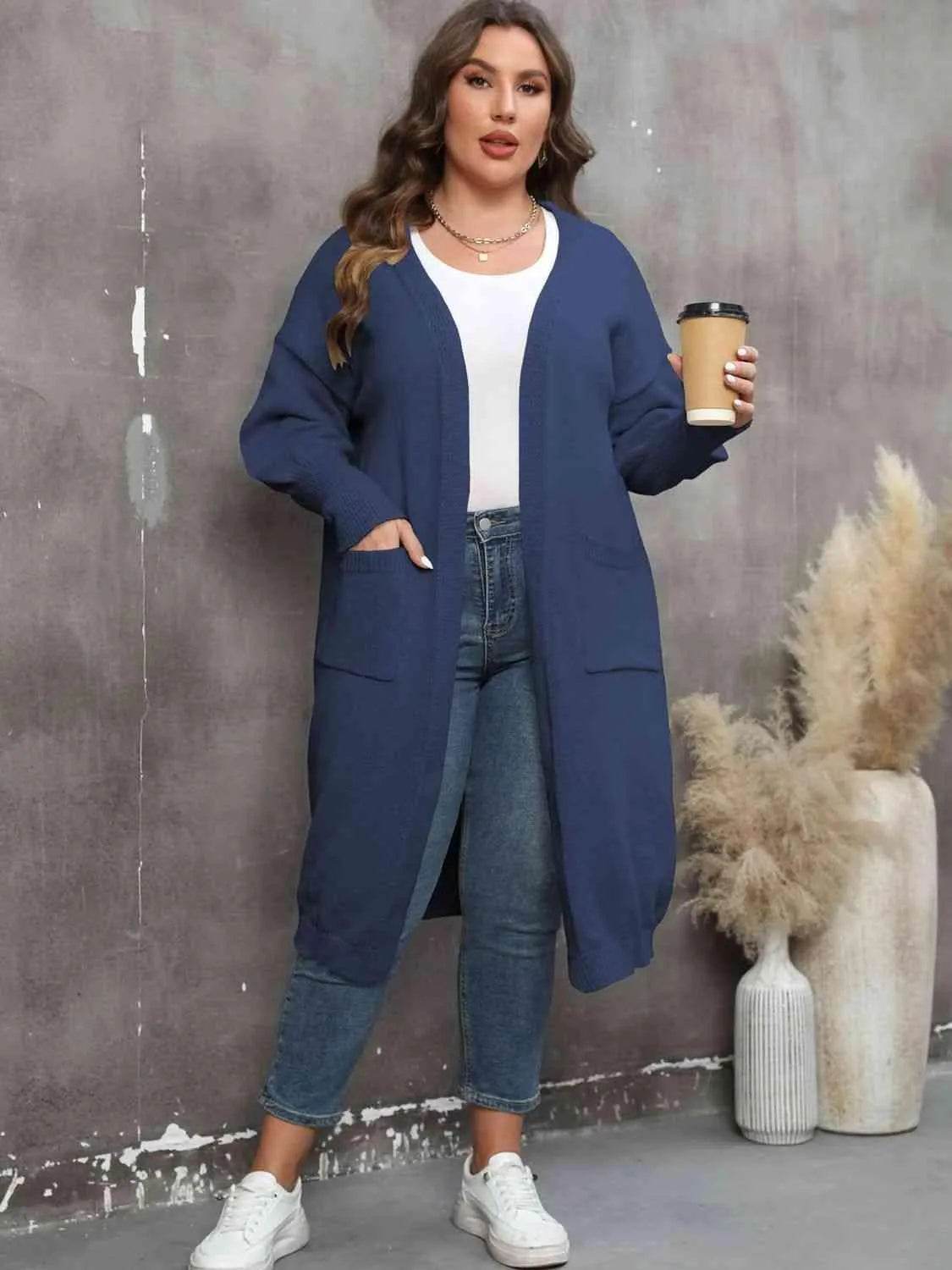 Bona Fide Fashion - Plus Size Long Sleeve Pocketed Cardigan - Women Fashion - Bona Fide Fashion