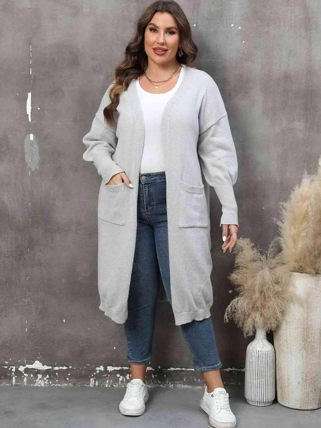 Bona Fide Fashion - Plus Size Long Sleeve Pocketed Cardigan - Women Fashion - Bona Fide Fashion
