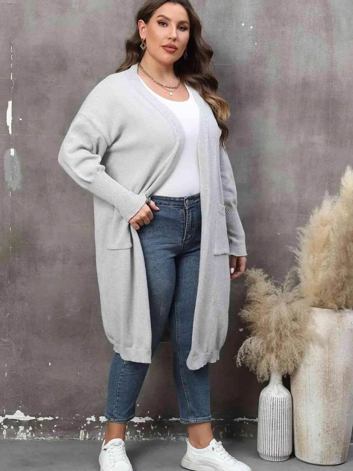Bona Fide Fashion - Plus Size Long Sleeve Pocketed Cardigan - Women Fashion - Bona Fide Fashion