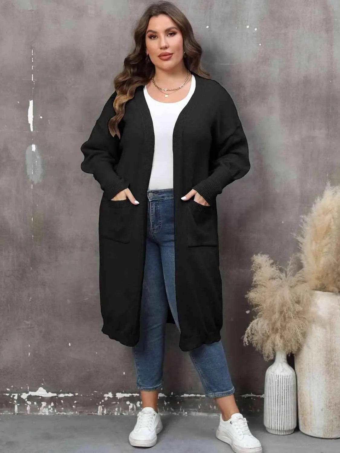 Bona Fide Fashion - Plus Size Long Sleeve Pocketed Cardigan - Women Fashion - Bona Fide Fashion