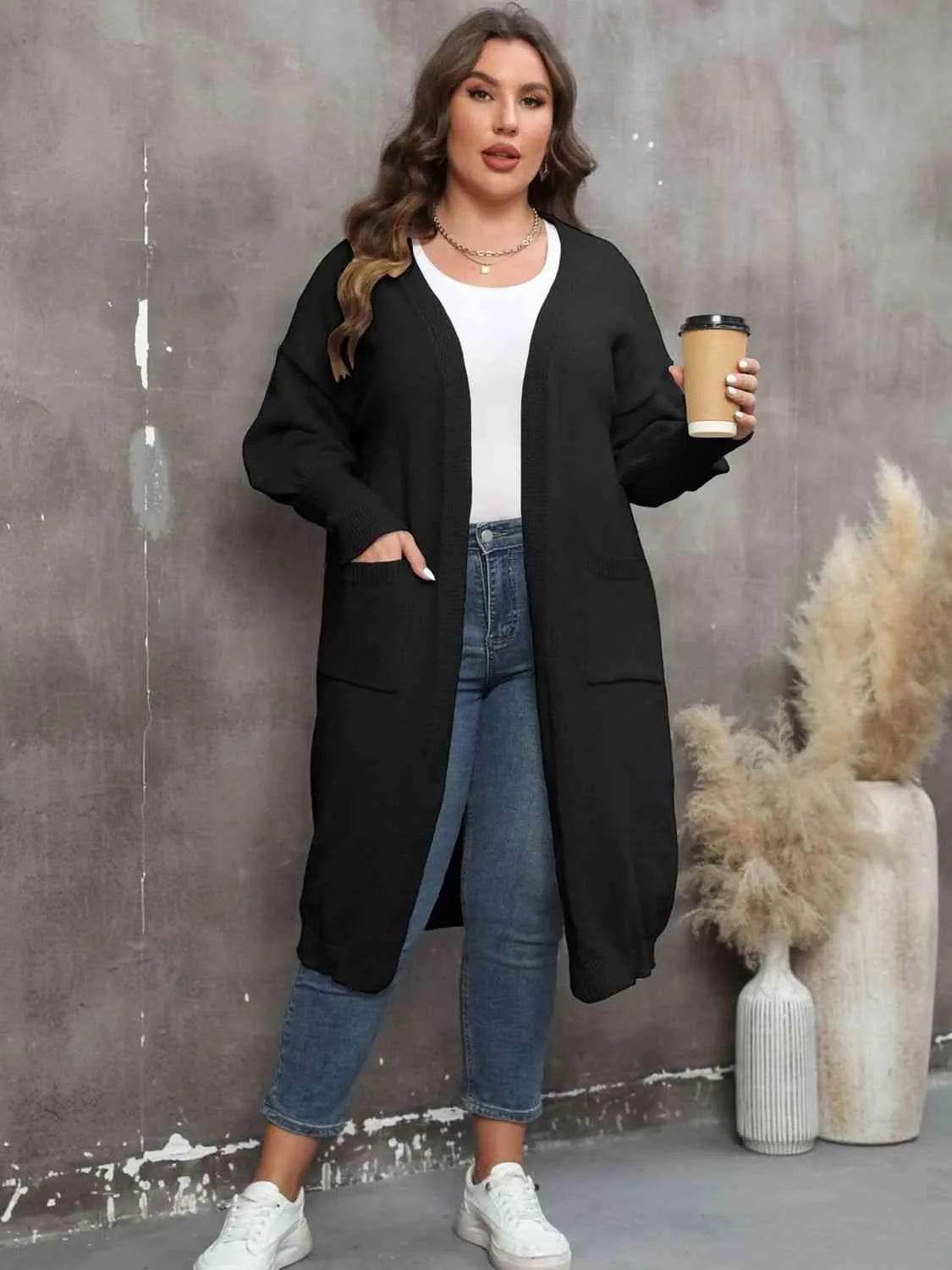 Bona Fide Fashion - Plus Size Long Sleeve Pocketed Cardigan - Women Fashion - Bona Fide Fashion