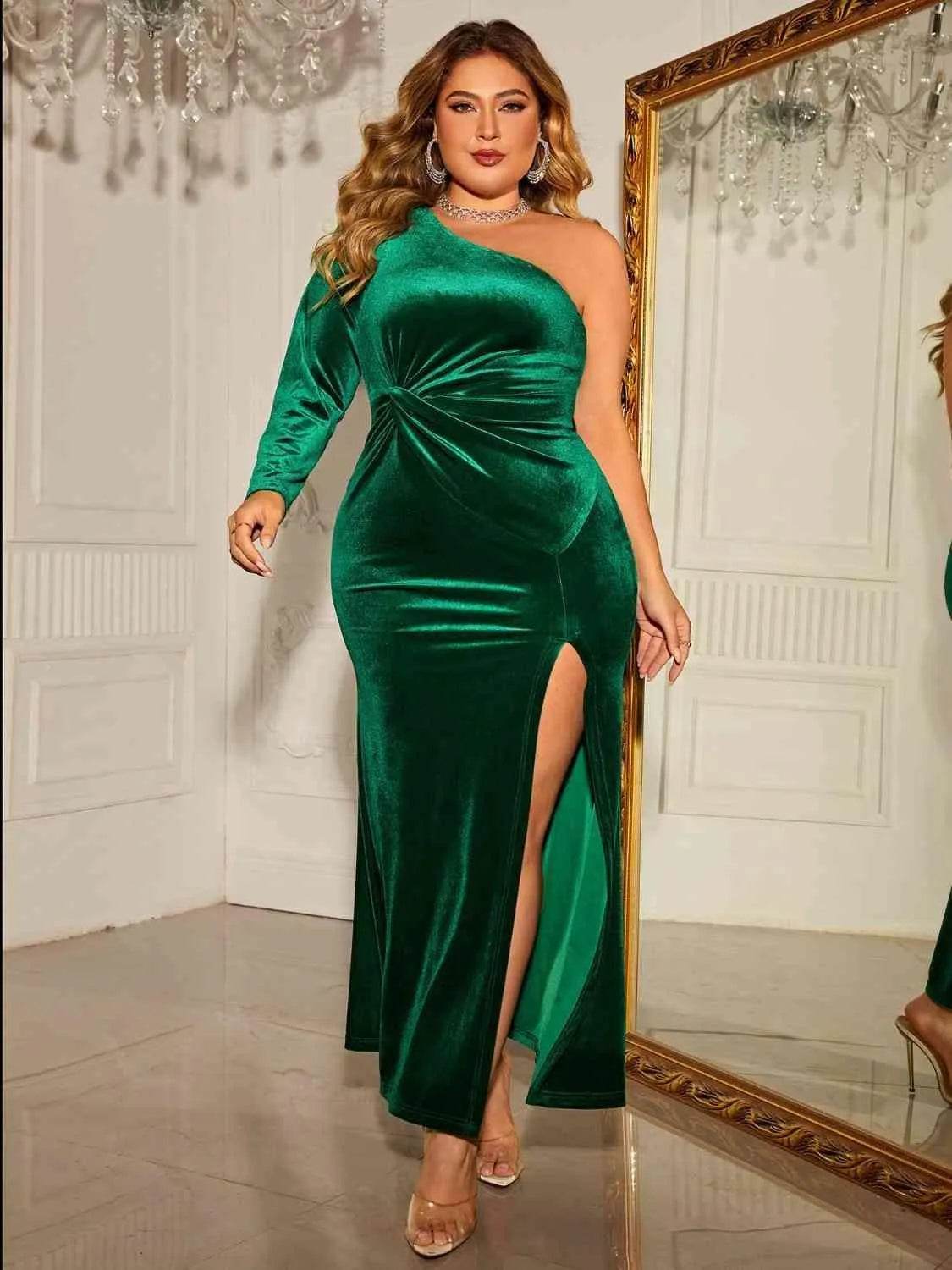 Bona Fide Fashion - Plus Size One-Shoulder Twisted Split Dress - Women Fashion - Bona Fide Fashion