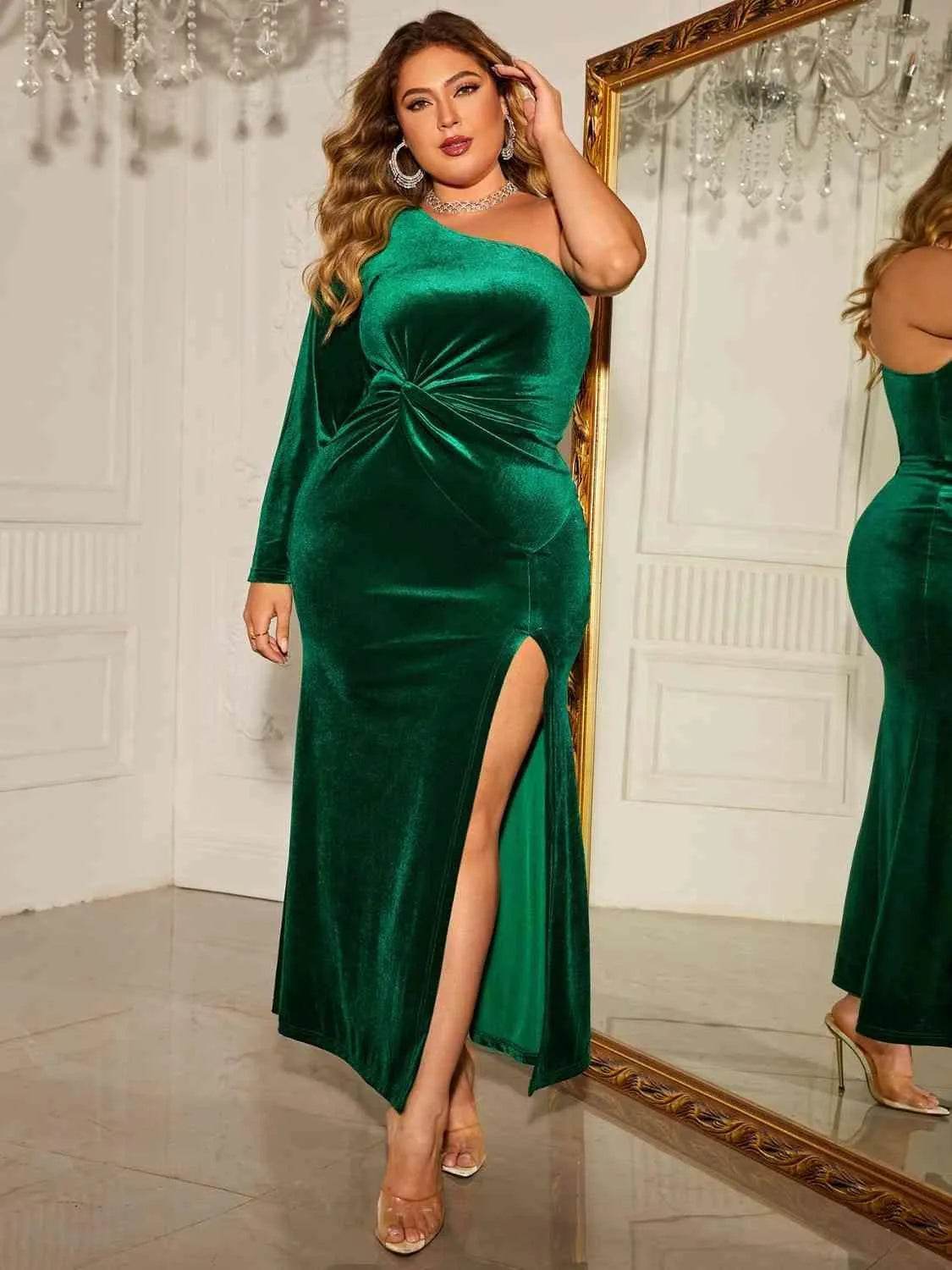 Bona Fide Fashion - Plus Size One-Shoulder Twisted Split Dress - Women Fashion - Bona Fide Fashion