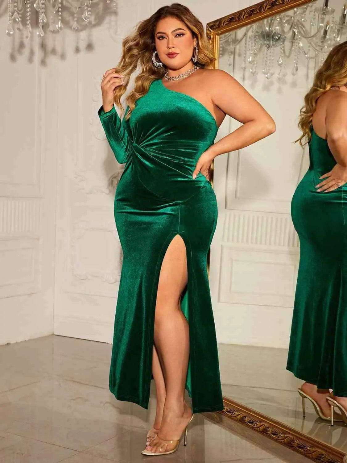 Bona Fide Fashion - Plus Size One-Shoulder Twisted Split Dress - Women Fashion - Bona Fide Fashion