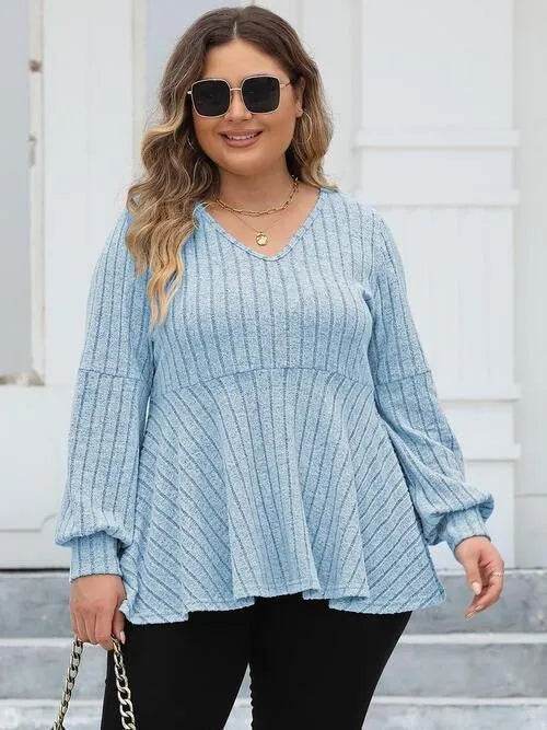 Bona Fide Fashion - Plus Size Ribbed V-Neck Long Sleeve Blouse - Women Fashion - Bona Fide Fashion