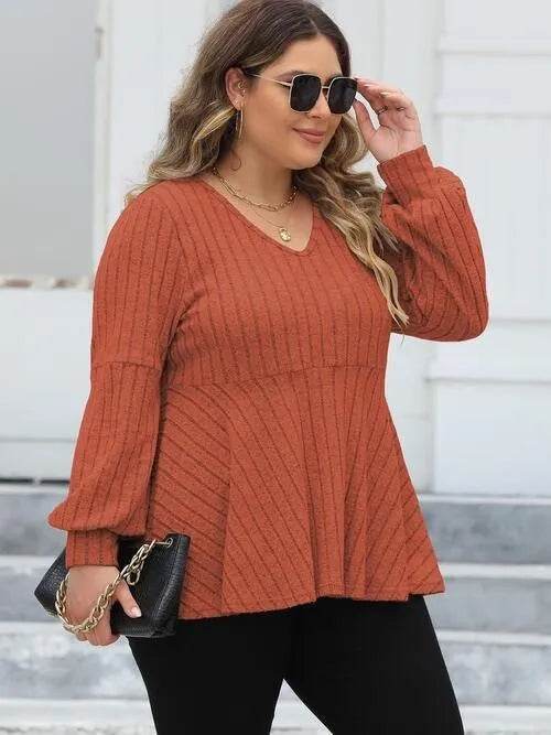 Bona Fide Fashion - Plus Size Ribbed V-Neck Long Sleeve Blouse - Women Fashion - Bona Fide Fashion