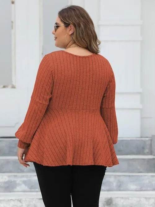 Bona Fide Fashion - Plus Size Ribbed V-Neck Long Sleeve Blouse - Women Fashion - Bona Fide Fashion