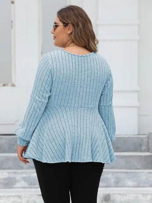 Bona Fide Fashion - Plus Size Ribbed V-Neck Long Sleeve Blouse - Women Fashion - Bona Fide Fashion