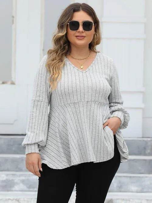 Bona Fide Fashion - Plus Size Ribbed V-Neck Long Sleeve Blouse - Women Fashion - Bona Fide Fashion