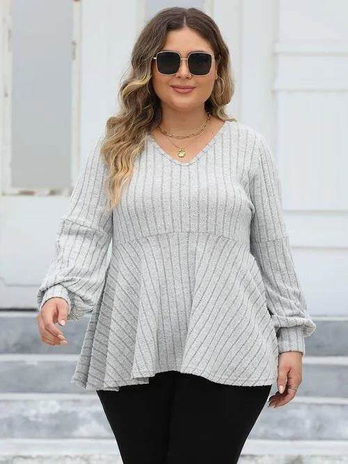 Bona Fide Fashion - Plus Size Ribbed V-Neck Long Sleeve Blouse - Women Fashion - Bona Fide Fashion