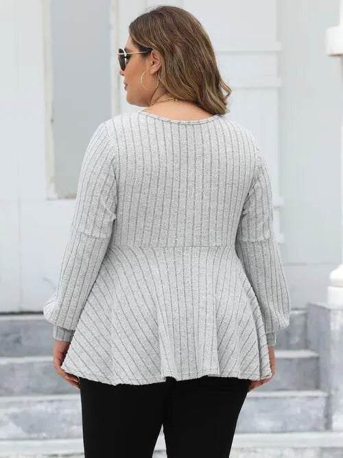 Bona Fide Fashion - Plus Size Ribbed V-Neck Long Sleeve Blouse - Women Fashion - Bona Fide Fashion