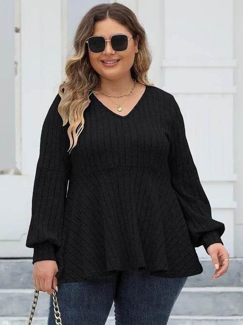 Bona Fide Fashion - Plus Size Ribbed V-Neck Long Sleeve Blouse - Women Fashion - Bona Fide Fashion
