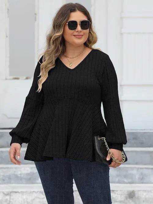 Bona Fide Fashion - Plus Size Ribbed V-Neck Long Sleeve Blouse - Women Fashion - Bona Fide Fashion