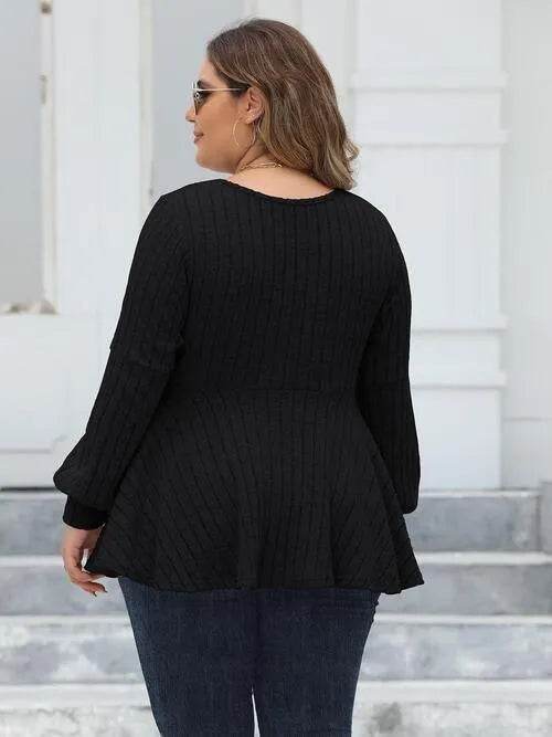 Bona Fide Fashion - Plus Size Ribbed V-Neck Long Sleeve Blouse - Women Fashion - Bona Fide Fashion