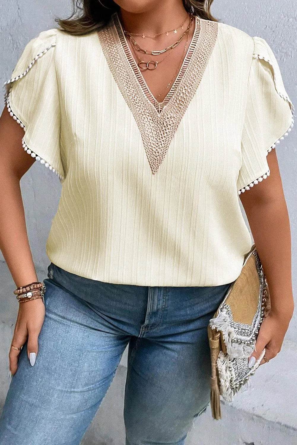 Bona Fide Fashion - Plus Size V-Neck Petal Sleeve Blouse - Women Fashion - Bona Fide Fashion