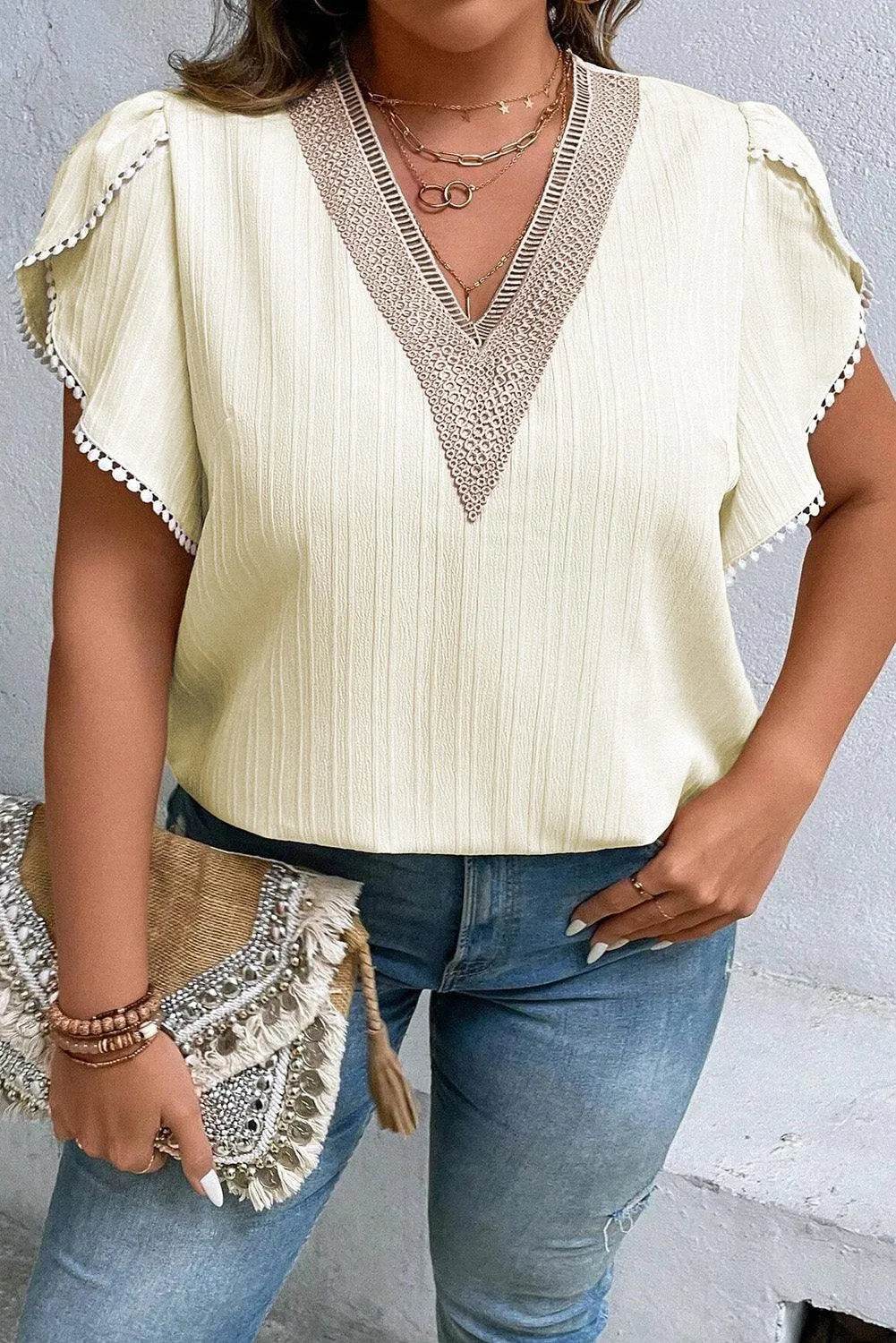 Bona Fide Fashion - Plus Size V-Neck Petal Sleeve Blouse - Women Fashion - Bona Fide Fashion