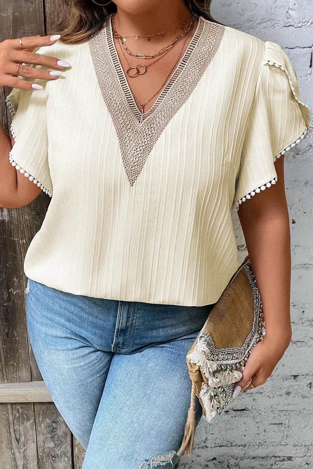 Bona Fide Fashion - Plus Size V-Neck Petal Sleeve Blouse - Women Fashion - Bona Fide Fashion