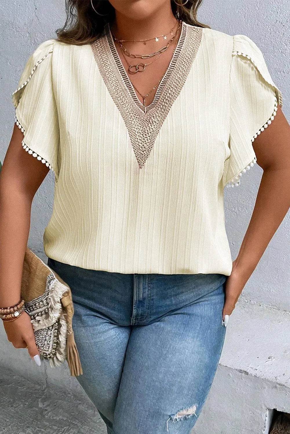 Bona Fide Fashion - Plus Size V-Neck Petal Sleeve Blouse - Women Fashion - Bona Fide Fashion