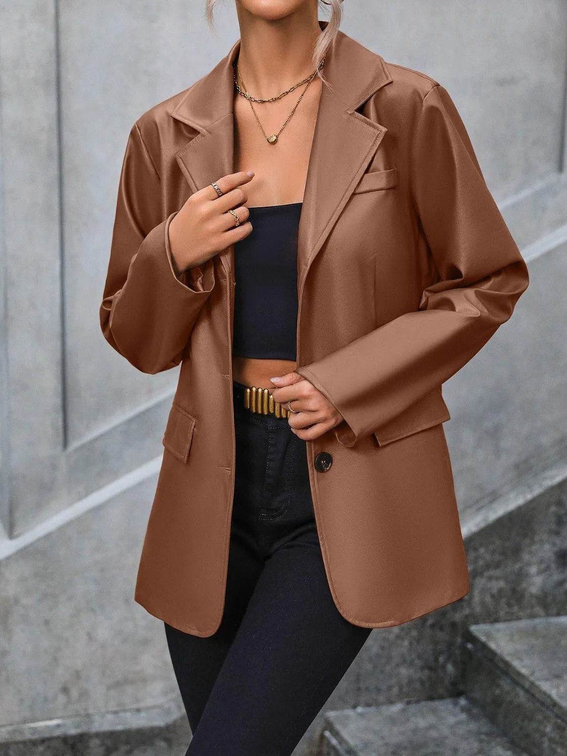 Bona Fide Fashion - Pocketed Button Up Collared Neck Blazer - Women Fashion - Bona Fide Fashion
