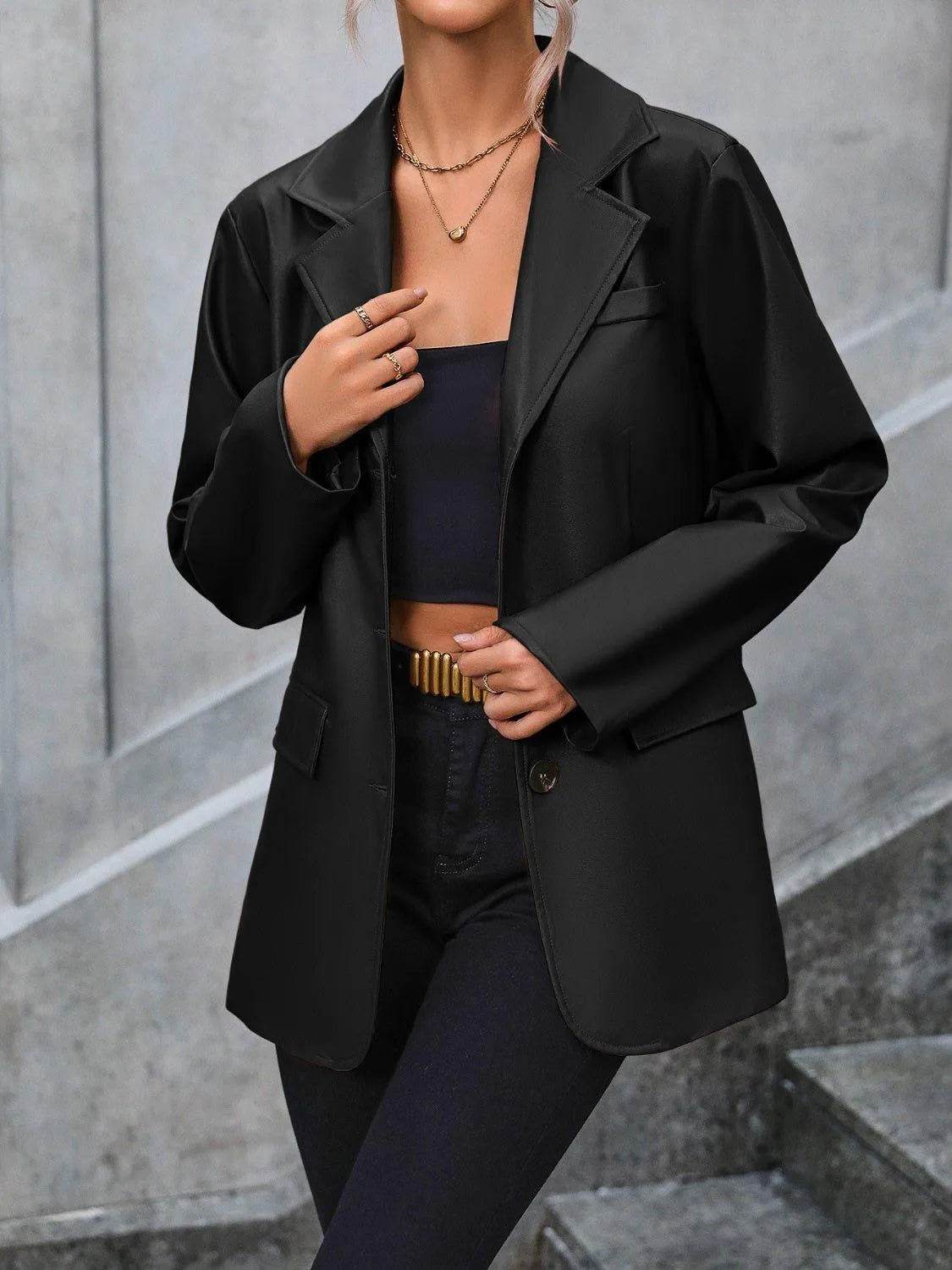 Bona Fide Fashion - Pocketed Button Up Collared Neck Blazer - Women Fashion - Bona Fide Fashion