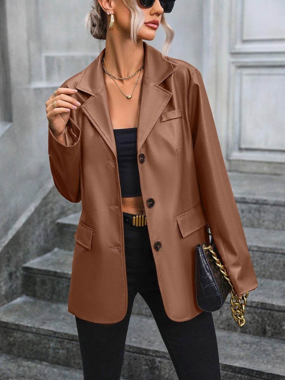 Bona Fide Fashion - Pocketed Button Up Collared Neck Blazer - Women Fashion - Bona Fide Fashion