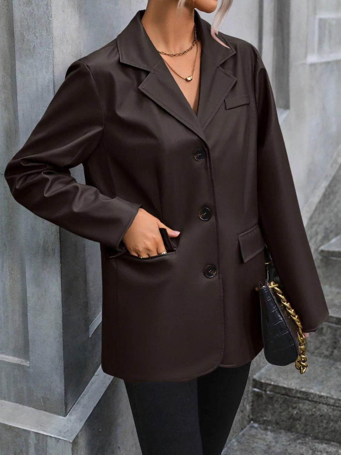Bona Fide Fashion - Pocketed Button Up Collared Neck Blazer - Women Fashion - Bona Fide Fashion