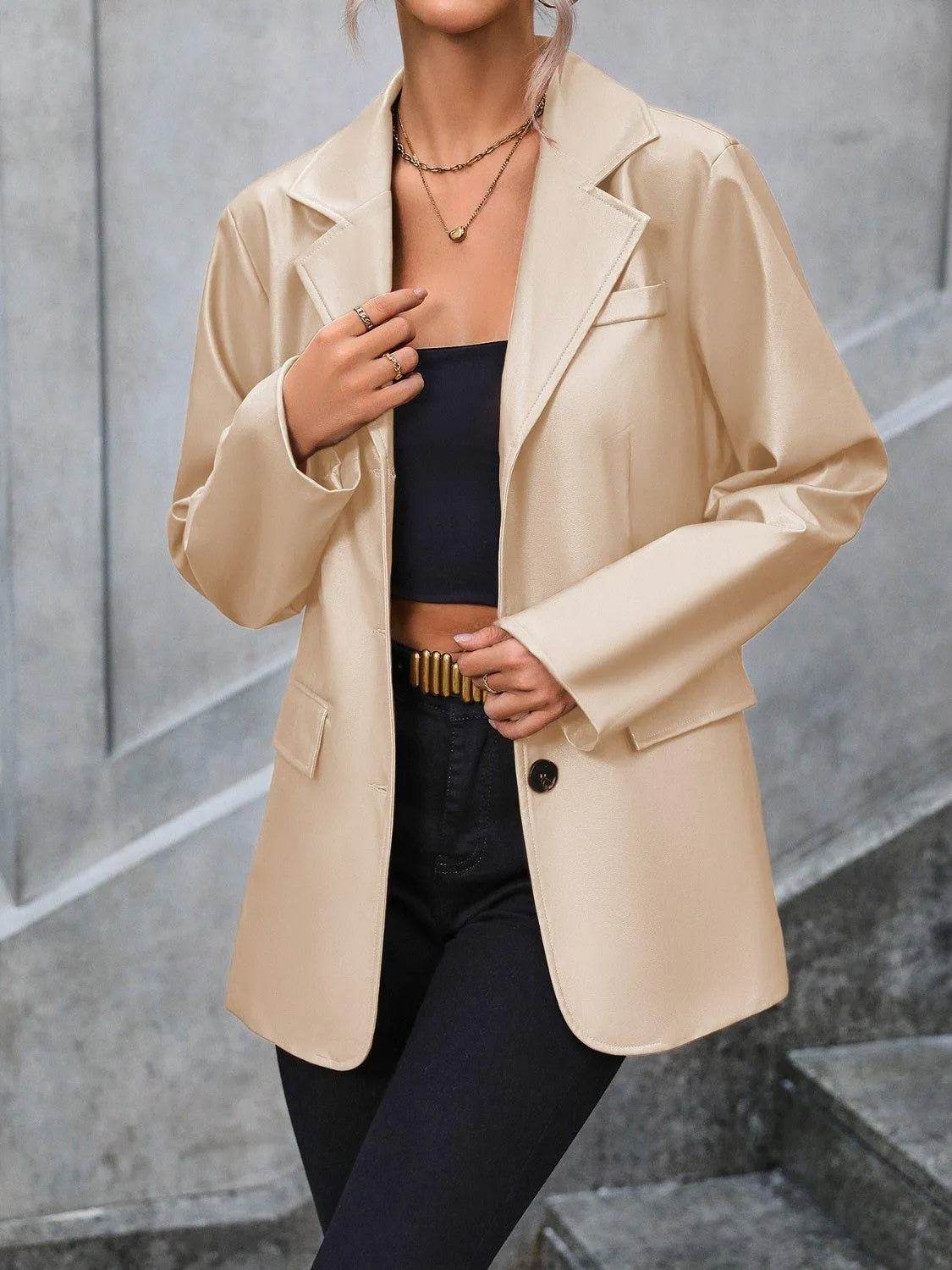 Bona Fide Fashion - Pocketed Button Up Collared Neck Blazer - Women Fashion - Bona Fide Fashion
