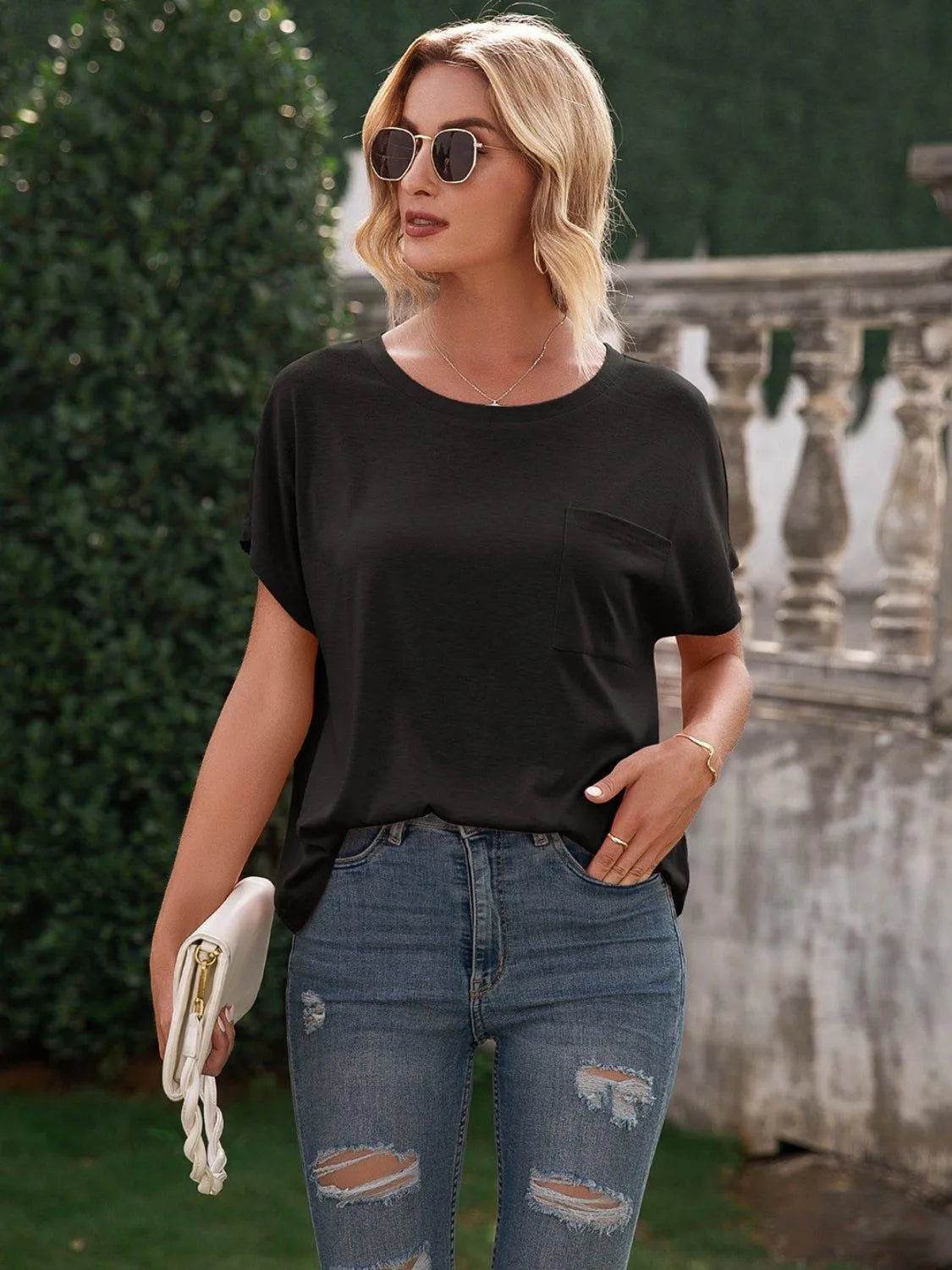 Bona Fide Fashion - Pocketed Round Neck Short Sleeve T-Shirt - Women Fashion - Bona Fide Fashion