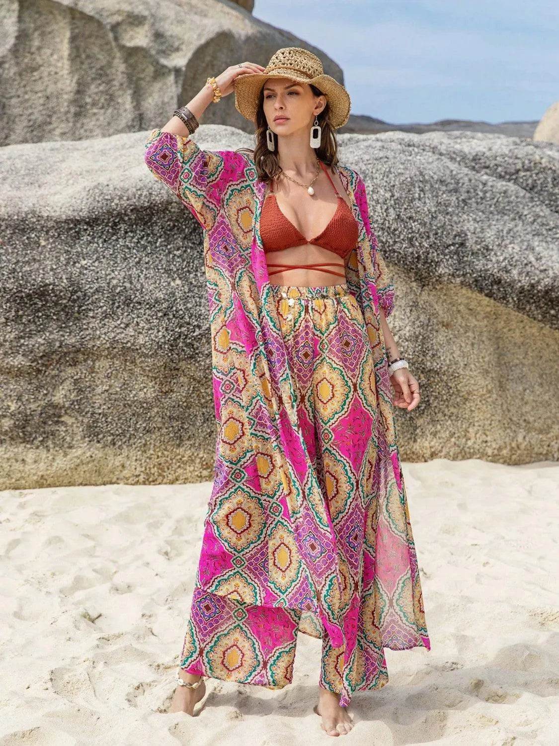 Bona Fide Fashion - Printed Open Front Cardigan and Bottom Set - Women Fashion - Bona Fide Fashion