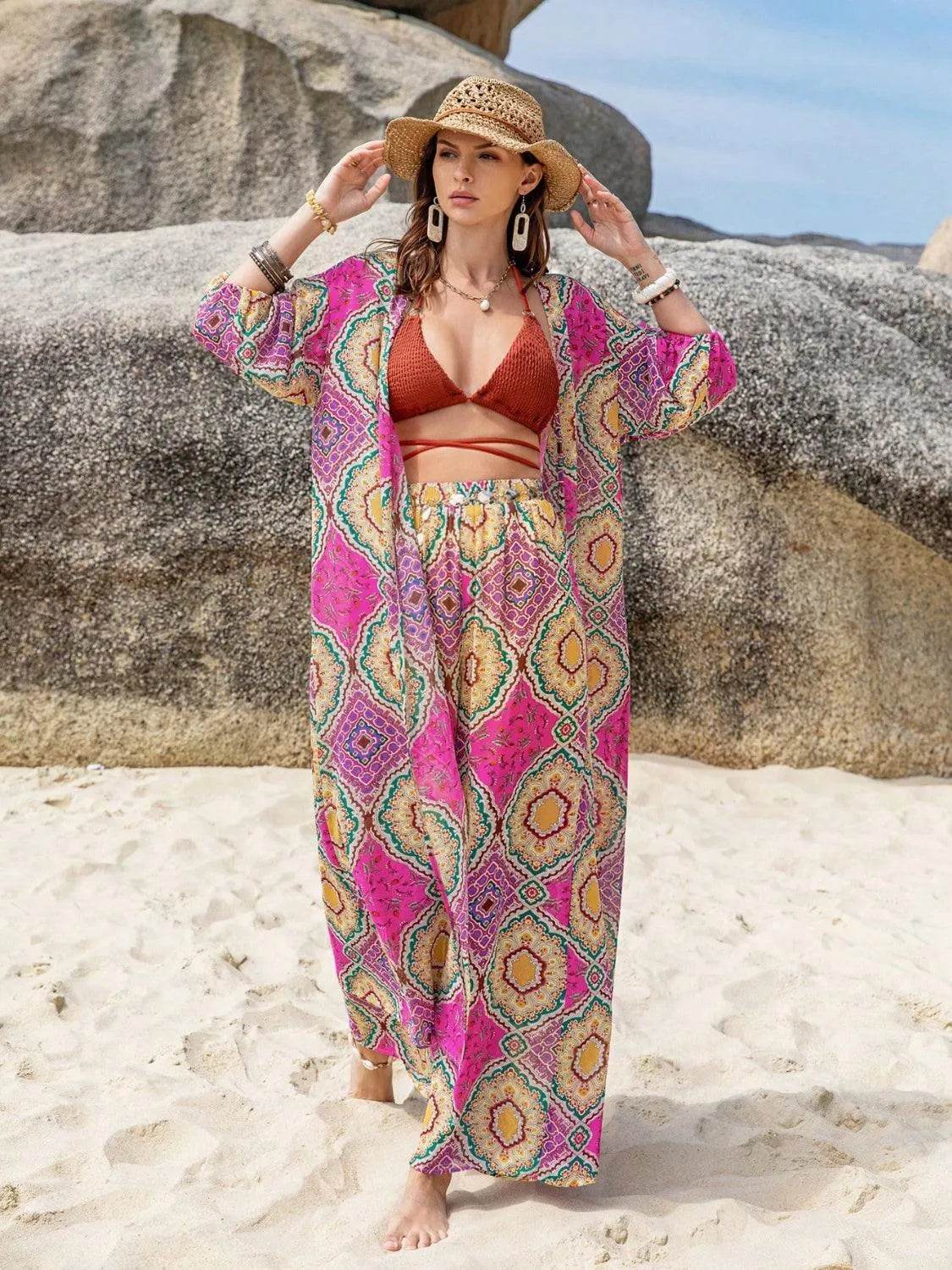 Bona Fide Fashion - Printed Open Front Cardigan and Bottom Set - Women Fashion - Bona Fide Fashion
